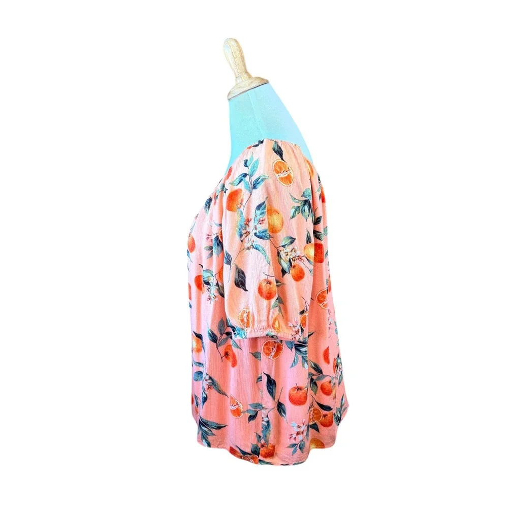 Loft Peach Orange Citrus Floral V-Neck Puff Sleeve Boho Cottagecore Blouse XL